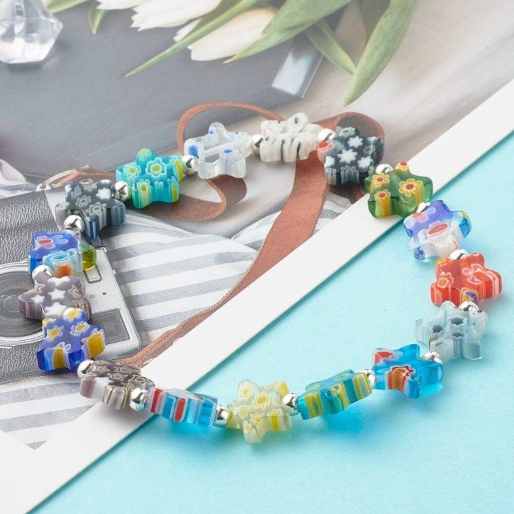 NWOT handmade Millefiori Flower Lampwork Glass star bead Bracelet